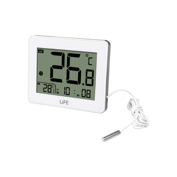Digital indoor & outdoor thermometer LIFE CORDY with wired remote sensor  and clock - White