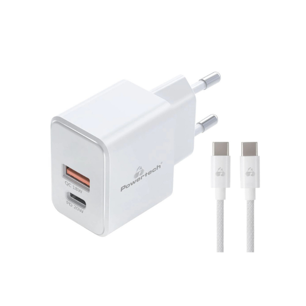Picture of Powertech Mini Wall Charger GaN with Type C Cable 20W PT-1248 - White  
